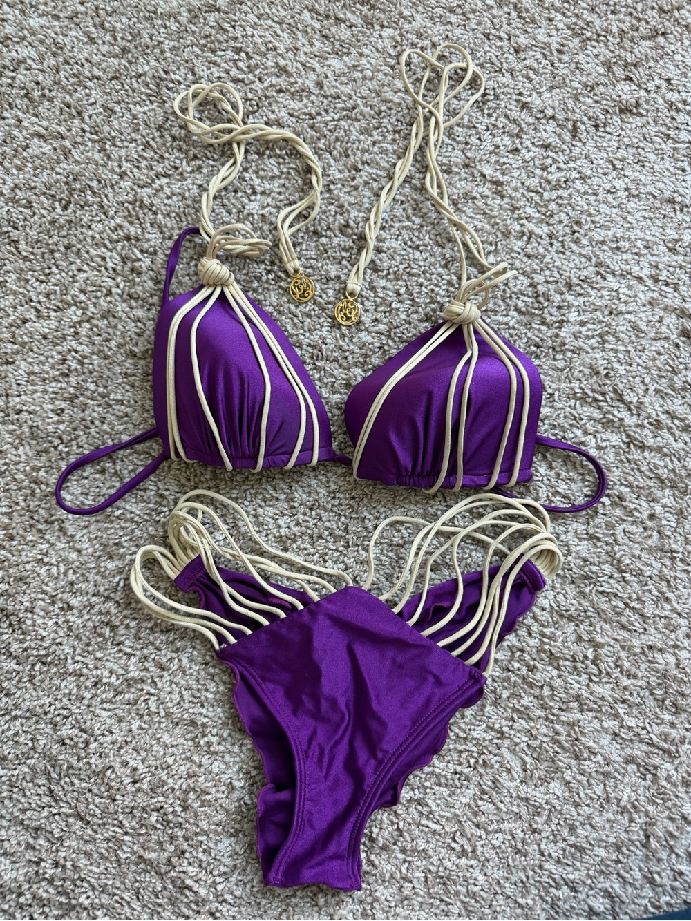 Luli Fama Purple Bikini with Cream Strappy Accents
